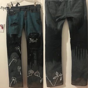 Hand painted distressed & bleached jeans